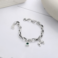 wholesale S925 Sterling Silver Chunky Chain Bow Square Cubic Zirconia Green Embedded Bracelet Gentle Sweet Fairy Style Hand Accessory-0-1