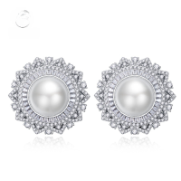 wholesale 925 Silver Floral Pearl Earrings 2023, 12mm Shell Pearl Earrings for Women with Ear Clips-E014 Pearl Earrings 925 Silver