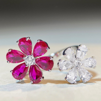 wholesale S925 silver adjustable opening ring for women with red "Forget-Me-Not" floral gemstone, simple and fade-resistant-Rose Red Diamond-CBJZ258>Adjustable opening
