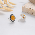 wholesale S925 Sterling Silver Retro Vintage Pattern Inlaid Oval Amber Stone Earrings Creative Versatile Design-0-2