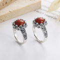 wholesale S925 Sterling Silver Retro Antique Vintage Style 3D Lotus Auspicious Cloud South Red Inlay Ring Classical Elegance-0-0