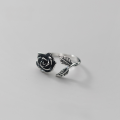 wholesale S925 Sterling Silver Women's Vintage Thai Silver Rose Flower Ring, Edgy Fashion Black Leaf Index Finger Ring J8324-0-0