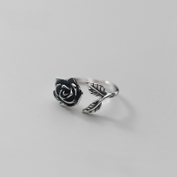 wholesale S925 Sterling Silver Women's Vintage Thai Silver Rose Flower Ring, Edgy Fashion Black Leaf Index Finger Ring J8324-S925 silver ring Adjustable opening