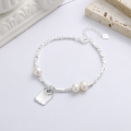 wholesale S925 Sterling Silver Fairy-style Letter Square Plate Connected with Crushed Silver Beads Pearl Bracelet, Personalized and Trendy Internet-famous Accessory-0-0