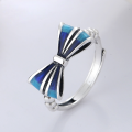 wholesale S925 Sterling Silver Korean-style Creative Blue Enamel Bow-shaped Niche Vintage-inspired Antique Finish Open Adjustable Ring-0-0