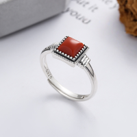 wholesale S925 Sterling Silver Ruyi Square Set with South Red Agate Accent Ring, Ethnic Bohemian Style Women's Index Finger Ring-935FJ/approx. 2.4g Adjustable opening