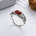 wholesale S925 sterling silver vintage oxidized craft 3D rose pattern inlaid with southern red agate adjustable ring-0-0