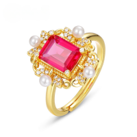 wholesale S925 Sterling Silver with 10K Gold Plated Japanese Retro-Style Geometric Red Ruby Ring for Women, Drop Shipping-10K gold + swimming paint Adjustable opening