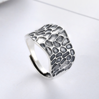 wholesale Sterling Silver S925 Wide Irregular Surface Vintage Thai Silver Ring with Ins Concave-Convex Hammered Textured Open-End Niche Design-YJ033/approx. 5g>Adjustable opening