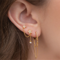 wholesale S925 Sterling Silver Double Five-point Star Chain Drop Earrings With Tassels And Crystal Accents,。-0-1