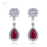 wholesale Pure silver new simulated ruby 7*10 earrings INS popular long ear accessories-E088 Red Diamond>925 Silver