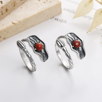 wholesale S925 Sterling Silver Guochao Lotus Inlaid with Southern Red Agate Adjustable Ring Retro Ethnic Style Index Finger Ring-861FJ/polished about 4.2g Opening adjustable