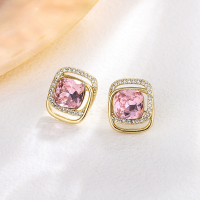wholesale Metal, Sterling Silver 925 Retro Square Double-Layer Rhinestone Earrings Ins-xb1165-pink diamond square zircon earrings