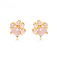 wholesale S925 Sterling Silver Plated with Natural Rose Quartz Small Fresh Cute Cat Paw Stud Earrings for Women Fashion Elegant Wholesale from Manufacturer-Natural Rose Quartz &gt;925 Silver
