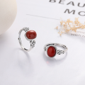 wholesale S925 Sterling Silver Retro Antique Coin Red Agate Blood Amber Stone Chinese Vintage Style Trendy Adjustable Ring for Women-0-4