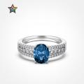 wholesale S925 Sterling Silver Wedding Style Ring for Women with Sparkling Oval Blue Zirconia and Row of Diamonds Design, Luxurious and Elegant Christmas Ring-0-0