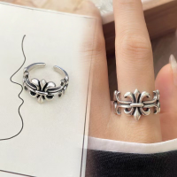 wholesale Vintage sterling silver retro-style Luo Xin cross ring, hip-hop couple distressed hollow cross floral finger ring accessory-xb476--Hip-Hop Cross Flower Ring