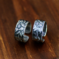 wholesale 925 Sterling Silver Retro Thai Silver Lotus Prajna Heart Sutra Ring, Ethnic Style Antique Wide Band Unisex Adjustable Open Ring-0-0