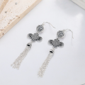 wholesale S925 Sterling Silver Retro Ethnic Style Auspicious Knot Tassel Drop Earrings with Southern Red Agate Studs-0-2