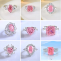 wholesale S925 Sterling Silver Women's Ins Style Cross-Border Pink Sugar Cube Ring High Carbon Diamond Ice-Cut Gemstone Wholesale-0-0