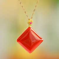 wholesale 925 Silver with Certificate New Chinese-style Square Jade Pendant Bead Agate Carnelian Nothing-Plaque Necklace for Women-Style: Four Red Agate Pendant (approximately 14*14mm) (excluding chain)  925 Silver