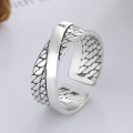 wholesale S925 Sterling Silver Retro Antique Braided Cross Ancient Script Six-Character Mantra Trendy Adjustable Ring-0-0
