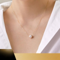 wholesale 18K gold set with natural pearl Lulutong necklace, round Japanese seawater pearl with strong luminous and translucent pink Akoya pendant-0-0