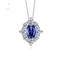 wholesale 925 Silver Cross-border New Jewelry Blue Sapphire Floral 6*9 Geometric Pendant Necklace for European and American Elegance 40+3-N070 Blue Diamond>925 Silver