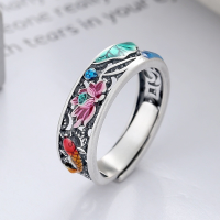 wholesale S925 Sterling Silver Retro Vintage Resin Lotus Color Glaze Ethnic Style Koi Ancient Fashion Trend Adjustable Ring-YFJ819/approx. 3.8g Adjustable opening