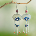 wholesale 925 Sterling Silver with Hetian Jade Inlaid, New Chinese Style Ancient Charm Cold Enamel Flower Long Tassel Earrings-0-0
