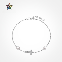 wholesale S925 sterling silver INS-style new women's bracelet with exquisite high-end freshwater pearl cross design-Gold DY150304-SG-WH>925 silver