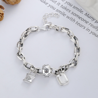 wholesale S925 Sterling Silver Korean-style Creative Pattern Printed Tube Bead Cross Pendant Lock Luck Square Charm Link Bracelet-YS163/approx. 13.1g 925 silver