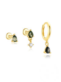 wholesale S925 Sterling Silver Geometric Moss Agate And Zircon Studded Cartilage Earring Hoop Set For Women, A Popular European And American Style-3 pieces set#2 925 silver