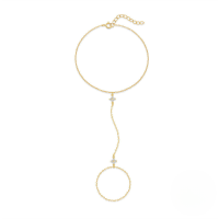 wholesale S925 Sterling Silver Lucky Four-leaf Clover Zircon Accent Ring Chain Bracelet, Korean Style Minimalist Design Versatile Ring Chain-Gold 925 silver