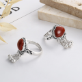 wholesale S925 Sterling Silver Retro Classical Style Longevity Lock Tassel Open-End Ring Palace Style Artistic Southern Red Inlay-0-1