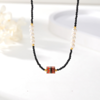 wholesale 925 Silver Black Spinel Natural Freshwater Pearl Beaded Necklace for Women, Lucky Stone Pendant, National Style Collarbone Chain-Black Spinel Lucky Stone Necklace/5.61g&gt;TL013179