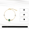 wholesale 925 Sterling Silver Plated 14K Gold Lucky Four-Leaf Clover Bracelet for Women, Fashionable Synthetic Malachite-0-4