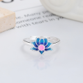 wholesale S925 Sterling Silver Ethnic Style Epoxy Resin Enamel Lotus 3D Trendy Adjustable Ring Creative Exquisite Band-0-2
