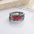 wholesale S925 pure silver ethnic style enamel glaze graceful lotus and koi fish ring vintage index finger ring-0-1
