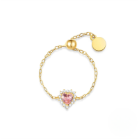 wholesale S925 Sterling Silver Unique Minimalist Design Adjustable Chain Ring With Heart Motif-Gold#1 Adjustable opening