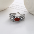 wholesale S925 Sterling Silver Antique Craft Feather Inlaid with South Red Agate Openable Ring Retro Chinese Trendy Style Index Finger Ring-0-2