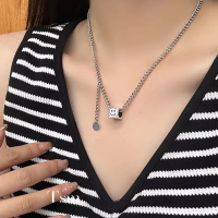 wholesale 925 Sterling Silver Light Luxury 3D Smiley Square Pendant Necklace for Women, Ins Small and Unique Design, Fashionable and Ethereal Collarbone Chain-xb1291-three-dimensional square necklace