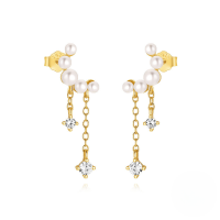 wholesale S925 Sterling Silver Love Moon Zircon Earrings With Pearl Chain Tassel-Gold#5 925 silver