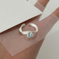 wholesale S925 Sterling Silver Minimalist Fresh and Light Sea Blue Zircon Geometric Wave Open Ring for Women, Niche Design-Silver>Adjustable opening