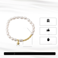 wholesale S925 Sterling Silver Bracelet with Small Bell Pendant and Natural Baroque Pearls, French Retro Style-0-2