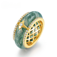 wholesale S925 Sterling Silver Natural Green Moss Agate Ring Women's Fashion Trendy Advanced Wholesale Customization-10K gold + swimming paint US7.25#