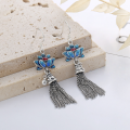 wholesale S925 Sterling Silver Retro Style Enameled Blue Lotus Tassel Bell Ethnic Elaborate Long Earrings-0-1