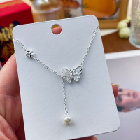 wholesale 999 Silver Maker S999 Ultra-Fairy Butterfly Pearl Tassel Necklace, Luxe and Versatile Fashion Pearl Collarbone Chain-Pearl Butterfly Necklace--Silver&gt;Pure Silver