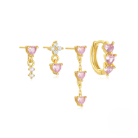 wholesale S925 Sterling Silver Geometric Heart Flower Zircon Ear Cuff And Stud Set, A Popular And Unique European And American Style Earring Collection-Set of 4 - Gold#3&gt;925 Silver