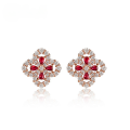 wholesale S925 sterling silver four-leaf clover earrings for women, European and American style, unique and elegant, lab-grown ruby earrings, cross-border bestseller-0-0